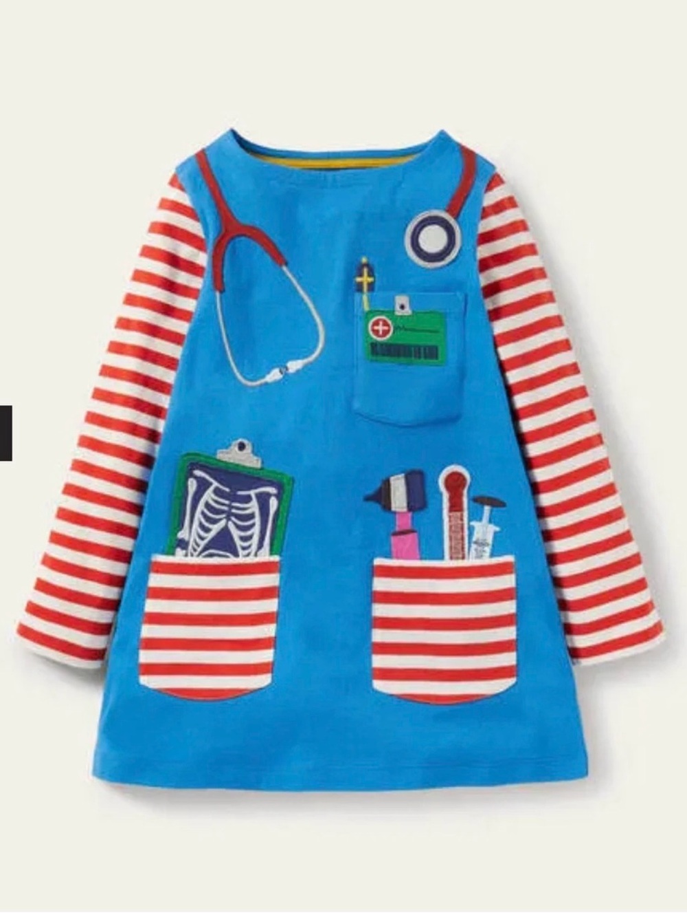Mini Boden blue kids' doctor applique dress with red and white striped sleeves